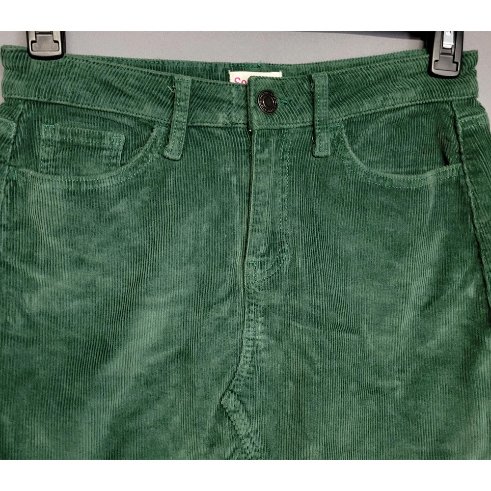 So Corduroy Mini Skirt Womens 7/28W Green Raw Hem Frayed Pockets Stretches - Picture 3 of 11